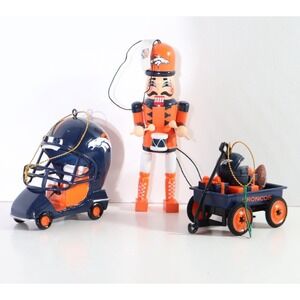 DENVER BRONCOS Christmas Ornaments (3) NFL Football Nutcracker Helmet Wagon